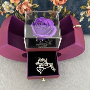 PURPLE APPLE JEWELRY BOX WITH PRESERVED ETERNAL ROSE AND HEART PENDANT NECKLACE
